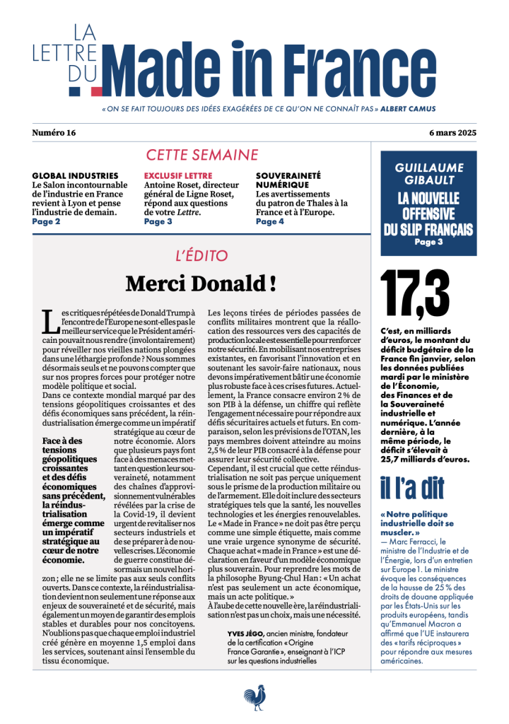 La une du numéro 16 de La Lettre du Made in France