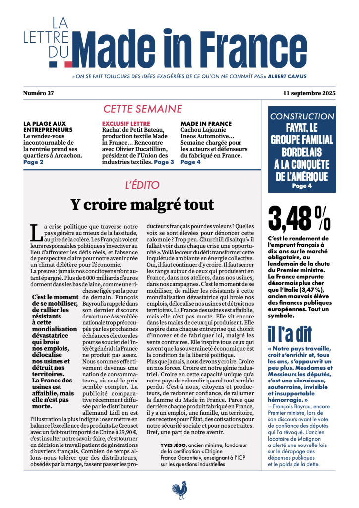 La une du numéro 37 de La Lettre du Made in France