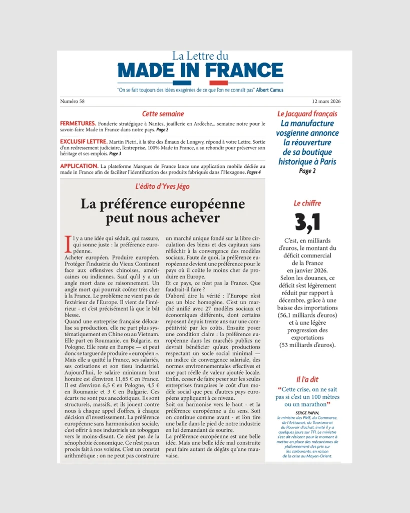 La une du numéro 58 de La Lettre du Made in France