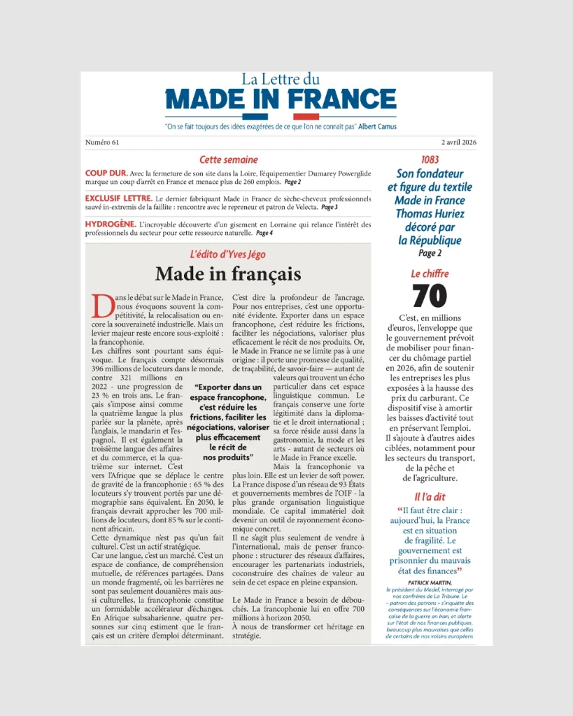 La une du numéro 61 de La Lettre du Made in France