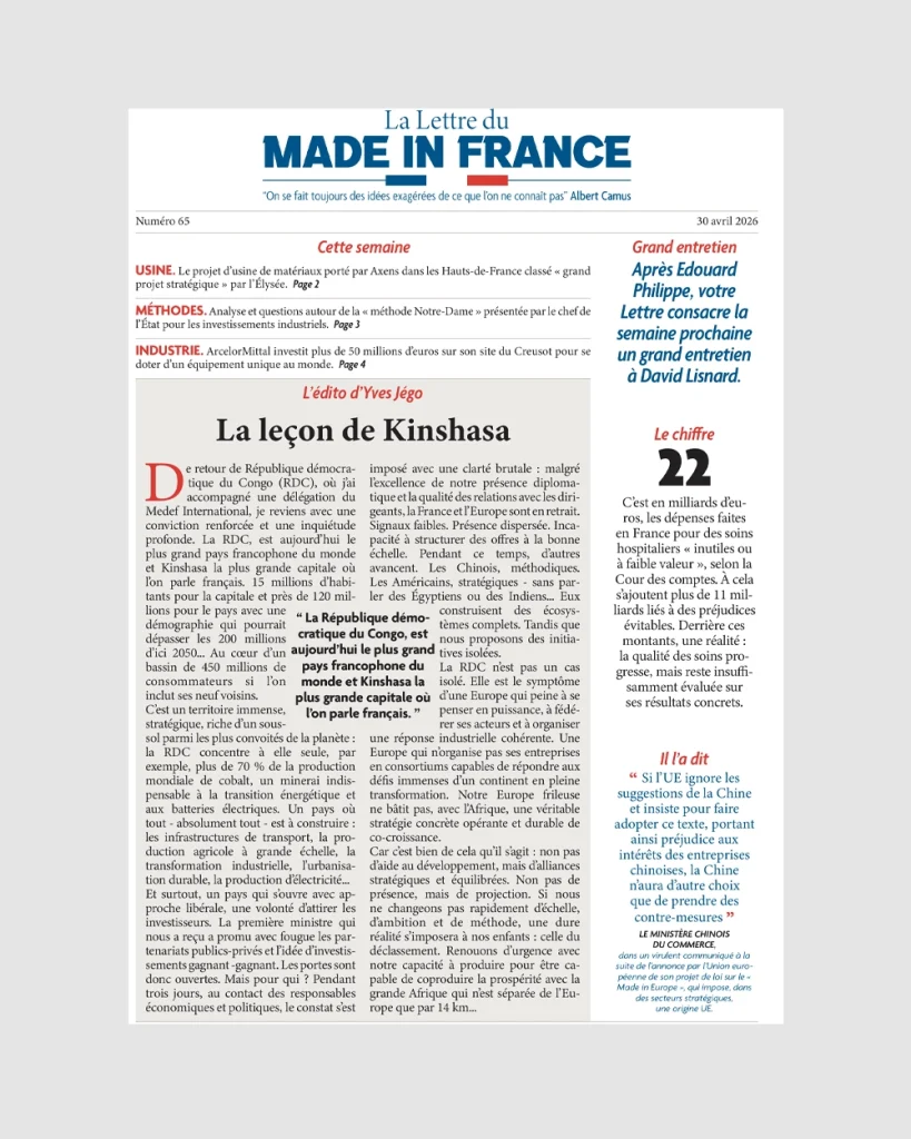 La une du numéro 65 de La Lettre du Made in France