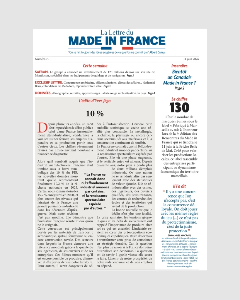 La une du numéro 70 de La Lettre du Made in France