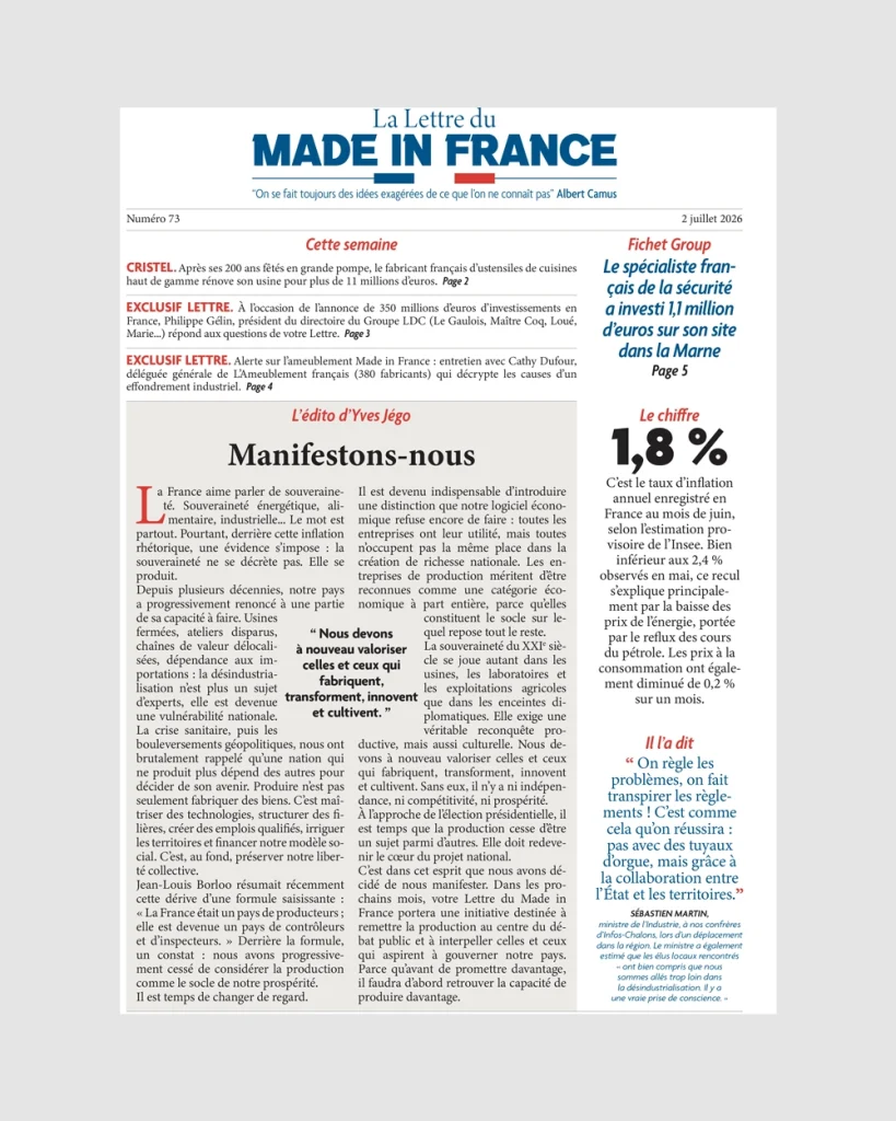 La une du numéro 73 de La Lettre du Made in France