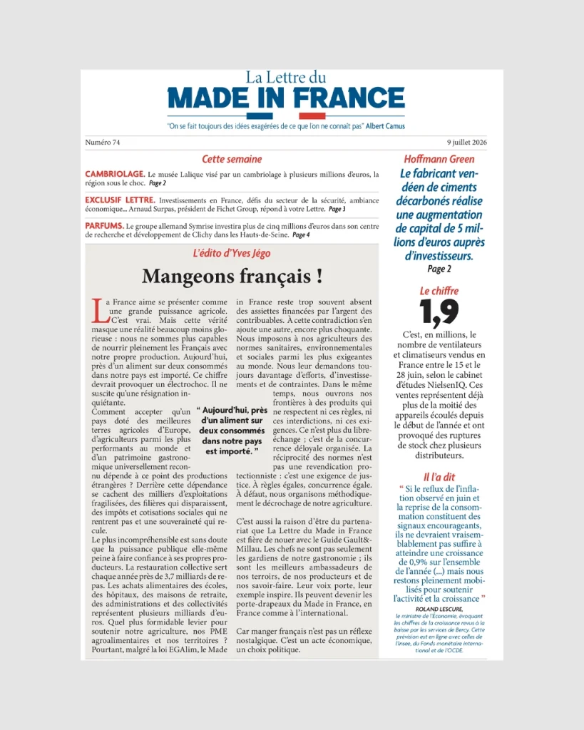 La une du numéro 74 de La Lettre du Made in France