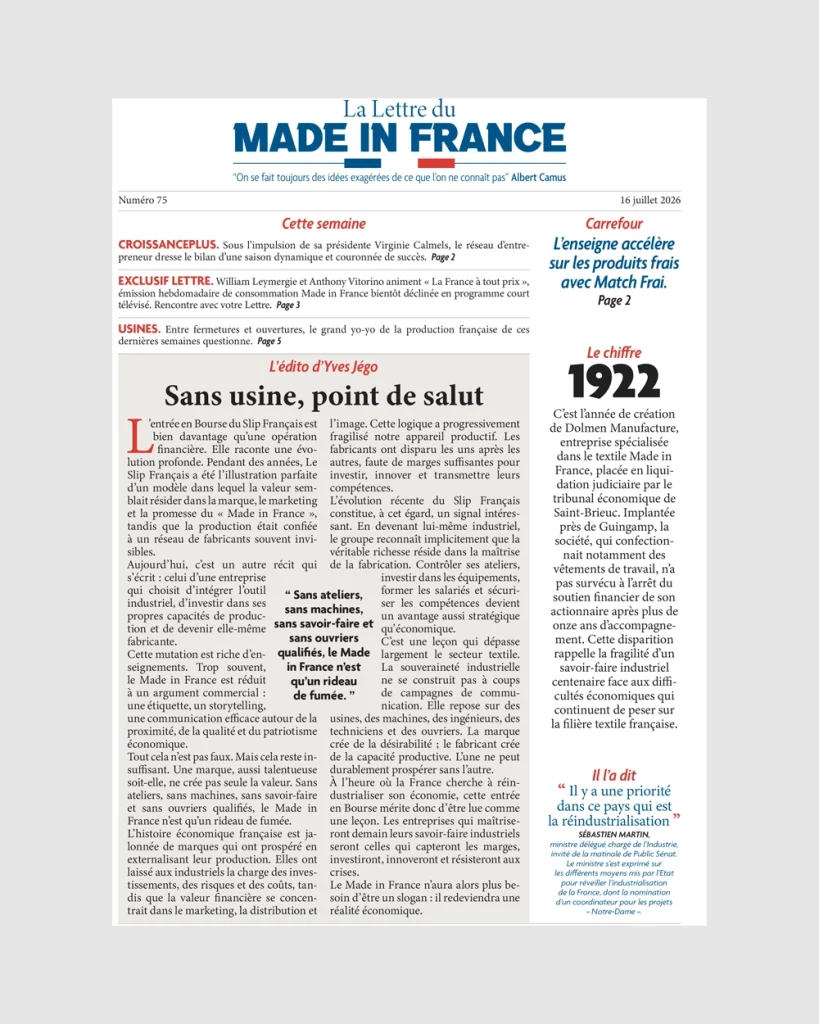 La une du numéro 75 de La Lettre du Made in France