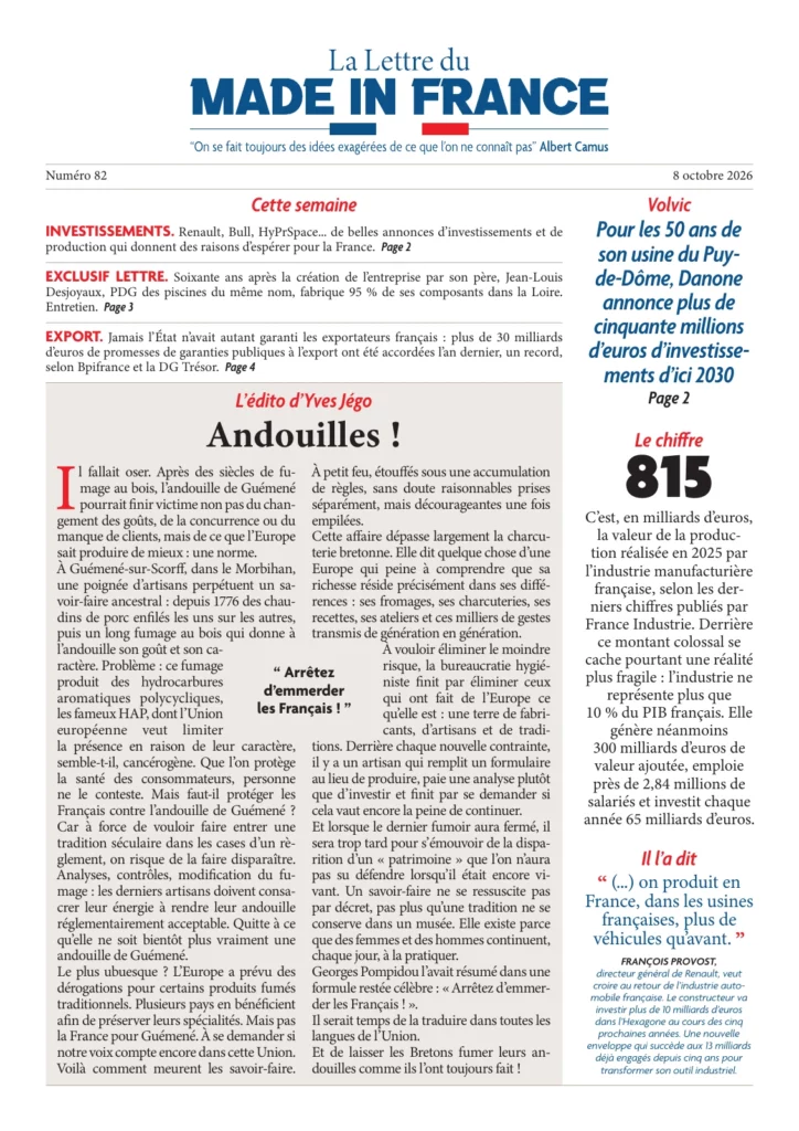 La une du numéro 82 de La Lettre du Made in France